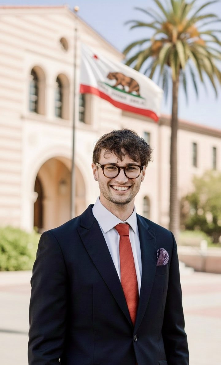 Robin Goeritz in a navy suit, smiling, in front of a building on the UCLA campus
